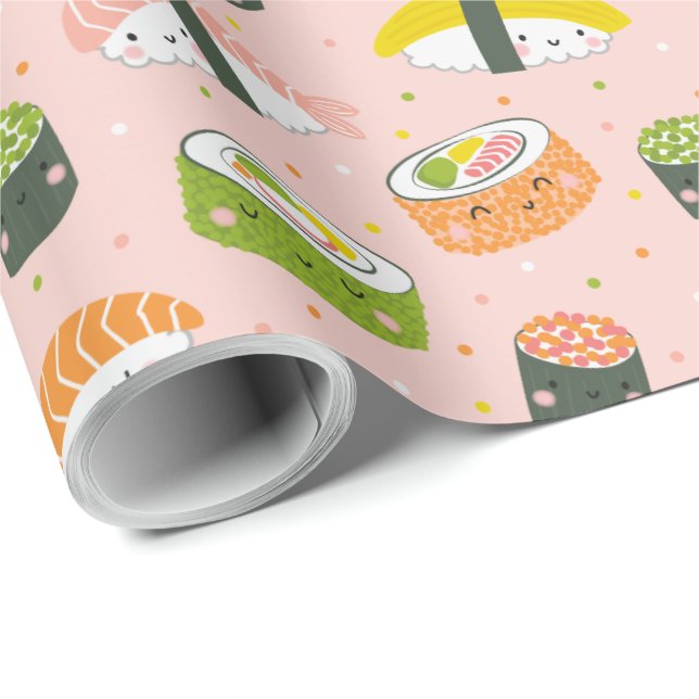 Cute Kawaii Sushi om ljusa rosa Presentpapper (Rullad Hörn)