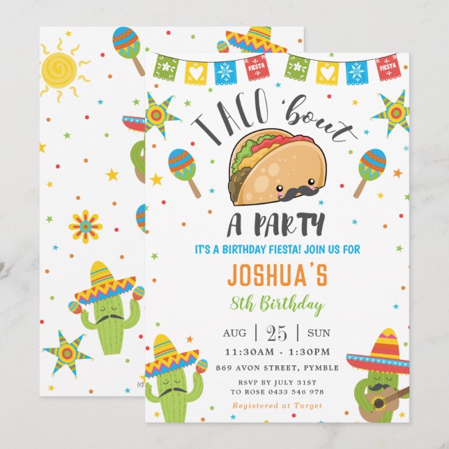 Cute Kawaii Taco "Bout a Party Fiesta Birthday Inbjudningar (Fram/baksida)