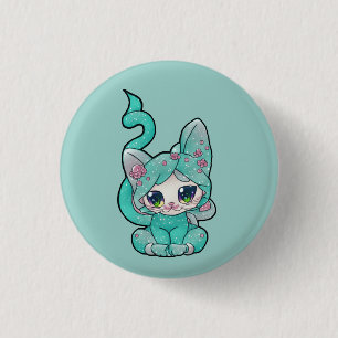 Cute Kawaii Teal Kitten Knapp