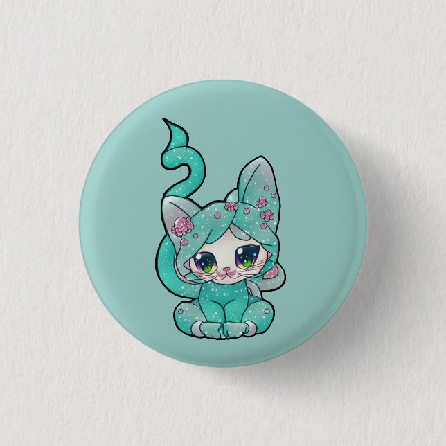 Cute Kawaii Teal Kitten Knapp (Framsida)