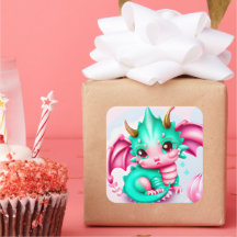 Cute Kawaii Teal och Rosa Baby Dragon