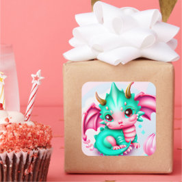 Cute Kawaii Teal och Rosa Baby Dragon Fyrkantigt Klistermärke