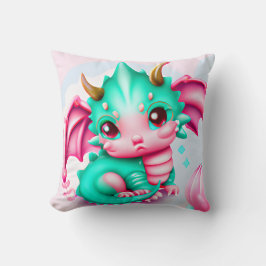 Cute Kawaii Teal och Rosa Baby Dragon Kudde