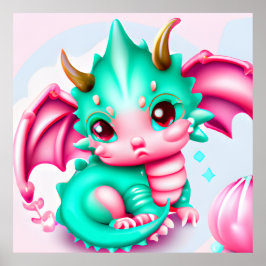 Cute Kawaii Teal och Rosa Baby Dragon Poster
