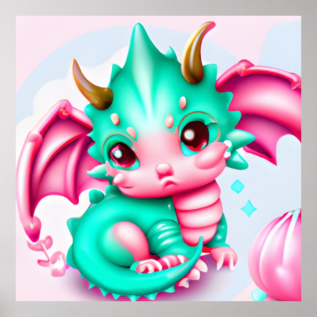 Cute Kawaii Teal och Rosa Baby Dragon Poster (Framsidan)