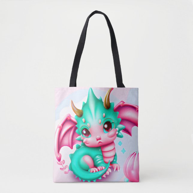Cute Kawaii Teal och Rosa Baby Dragon Tygkasse (Framsida)