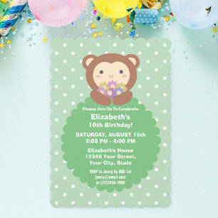 Cute Kawaii Tecknad Monkey & Flowers Barns födelse Inbjudningar
