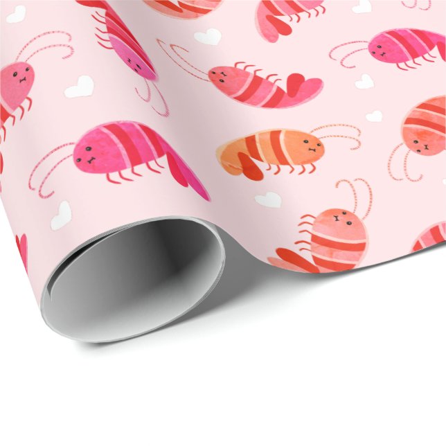 Cute Kawaii Tecknad Shrimp & Hearts Presentpapper (Rullad Hörn)