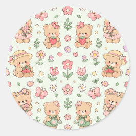 Cute Kawaii Teddy Bear Flower Garden Pattern | Pas Runt Klistermärke
