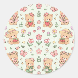 Cute Kawaii Teddy Bear Flower Garden Pattern | Pas Runt Klistermärke