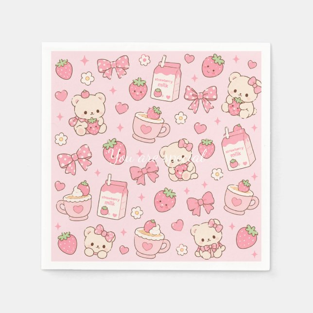 Cute Kawaii Teddy Bear Strawberry Pattern Sticker  Pappersservett (Framsidan)