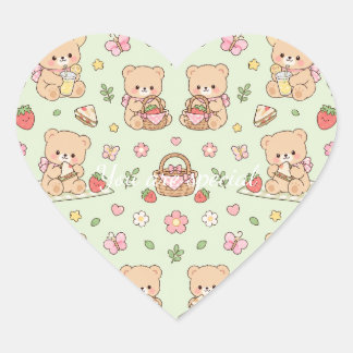 Cute Kawaii Teddy Bear Strawberry Picnic Pattern Hjärtformat Klistermärke