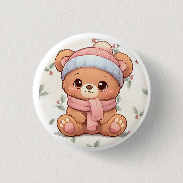 Cute Kawaii Teddy Bear Winter Button Knapp (Framsida)