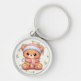 Cute Kawaii Teddy Bear Winter Keychain Rund Silverfärgad Nyckelring