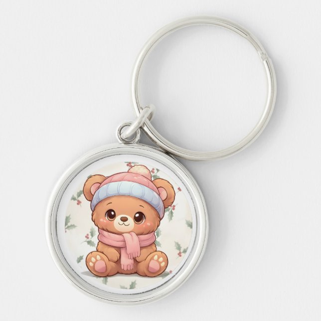 Cute Kawaii Teddy Bear Winter Keychain Rund Silverfärgad Nyckelring (Framsidan)