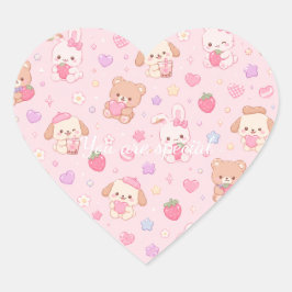 Cute Kawaii Teddy Bears & Strawberries Pattern  Hjärtformat Klistermärke