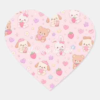 Cute Kawaii Teddy Bears & Strawberries Pattern Hjärtformat Klistermärke