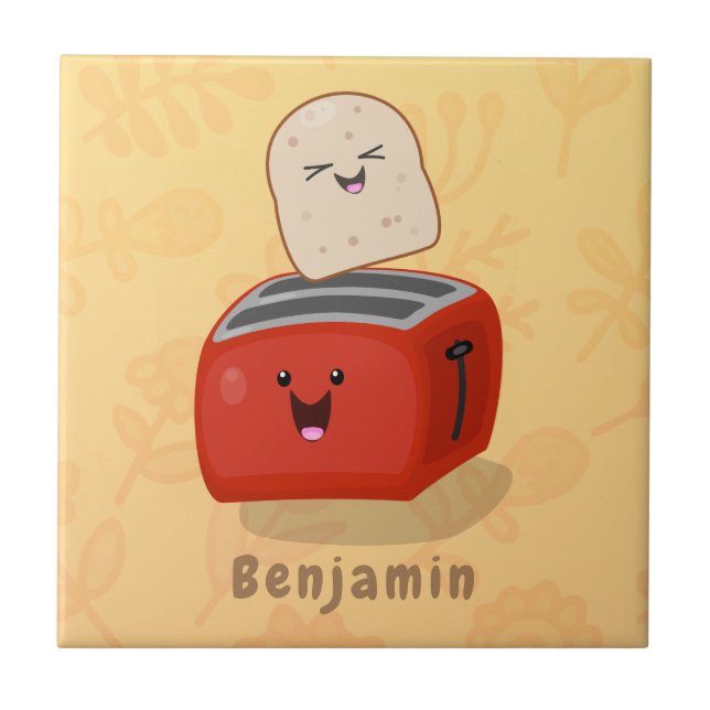 Cute kawaii toast och red toaster tecknad kakelplatta (Framsidan)