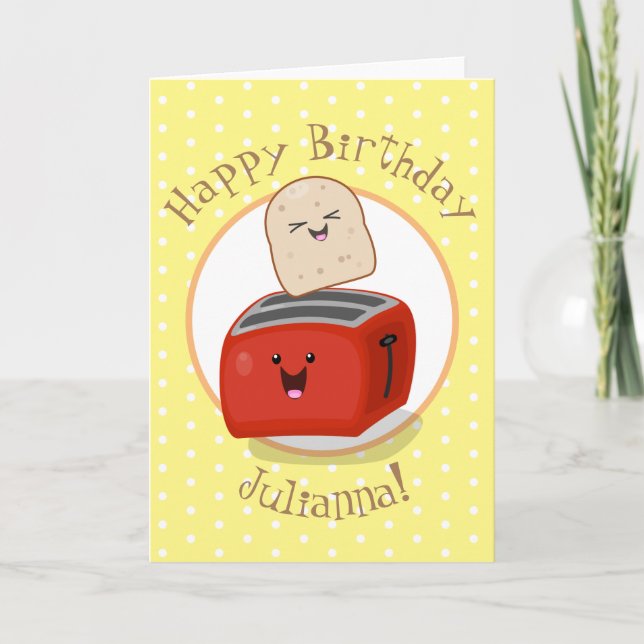 Cute kawaii toast och red toaster tecknad kort (Framsida)