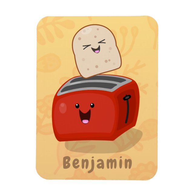 Cute kawaii toast och red toaster tecknad magnet (Vertikal)