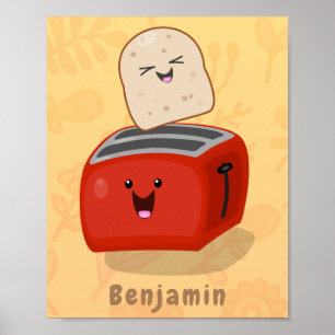 Cute kawaii toast och red toaster tecknad poster