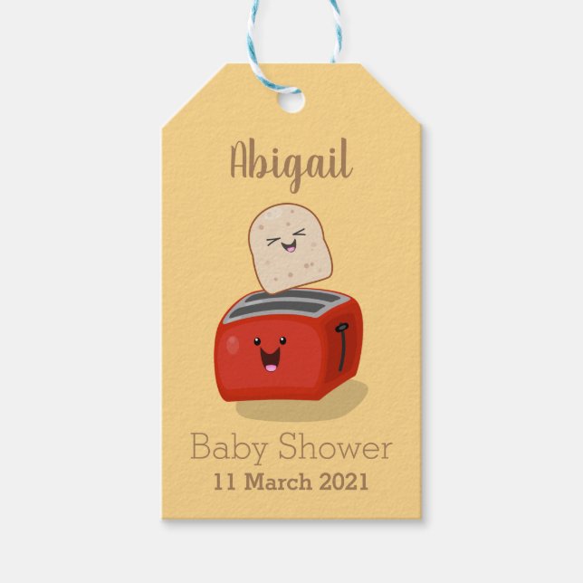 Cute kawaii toast och red toaster tecknad presentetikett (Framsidan)