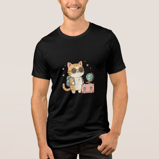 Cute   Kawaii Traveler Kitty with Backpack & Globe T Shirt (Framsida)