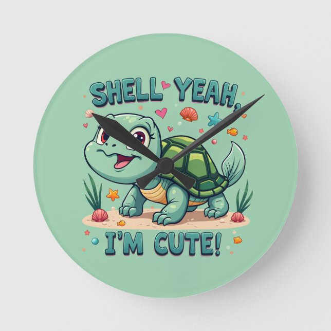 Cute Kawaii Turtle med Funny Pun Ocean Aesthetic Rund Klocka (Framsida)