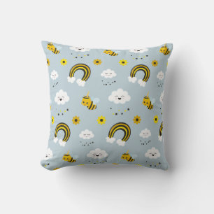 Cute Kawaii Unicorn Bees and Rainbow Grått Gult Kudde