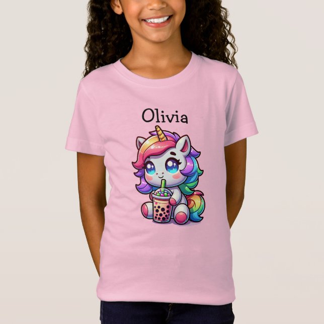 Cute Kawaii Unicorn med Bubble Tea Personlig T Shirt (Framsida)
