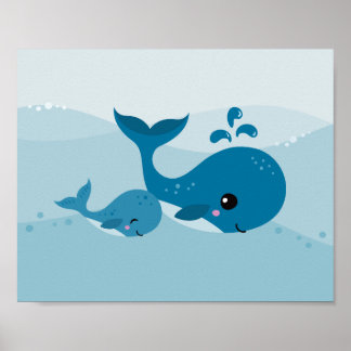 Cute kawaii valar som simmar i blått vågar poster
