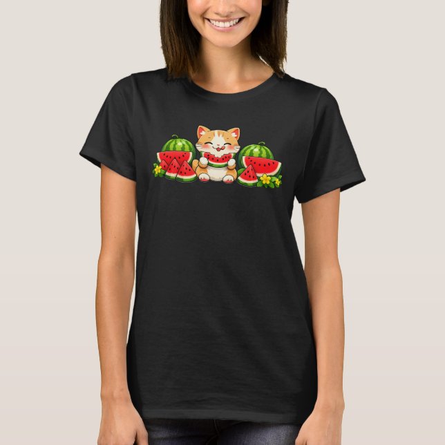 Cute Kawaii Watermelon Cat Summer Cartoon T Shirt (Framsida)