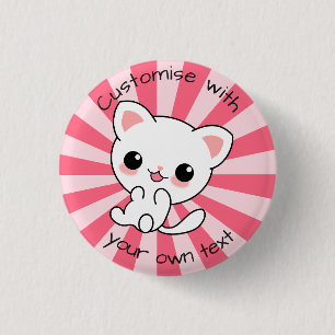 Cute kawaii White Cat Anpassningsbar Text Rosa Knapp