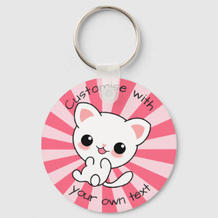 Cute kawaii White Cat Anpassningsbar Text Rosa Nyckelring