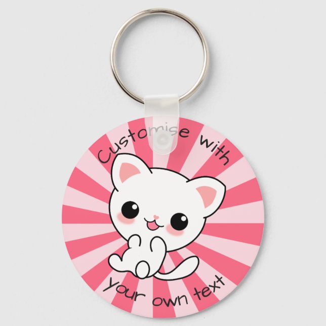 Cute kawaii White Cat Anpassningsbar Text Rosa Nyckelring (Framsida)