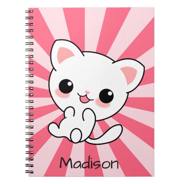 Cute kawaii White Cat Personlig Rosa Anteckningsbok (Framsidan)
