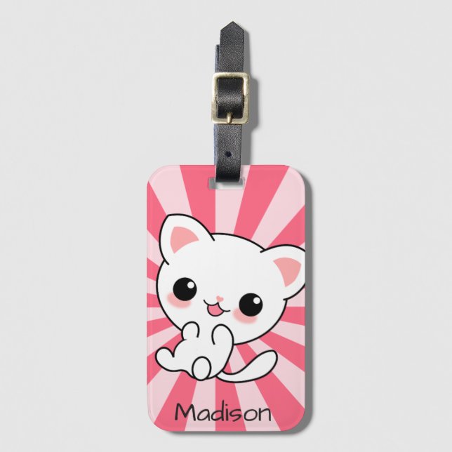 Cute kawaii White Cat Personlig Rosa Bagagebricka (Framsida vertikal)