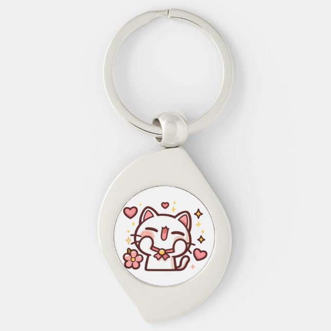 Cute Kawaii White Cat Swirl Silverfärgad Nyckelring (Framsidan)