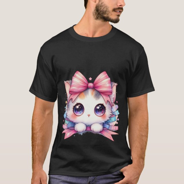 Cute Kawaii White Kitten Pink Ribbon Bow Magic Cat T Shirt (Framsida)