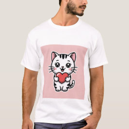 Cute Kawaii White Tabby Cat Holding Red Heart ✨❤️ T Shirt