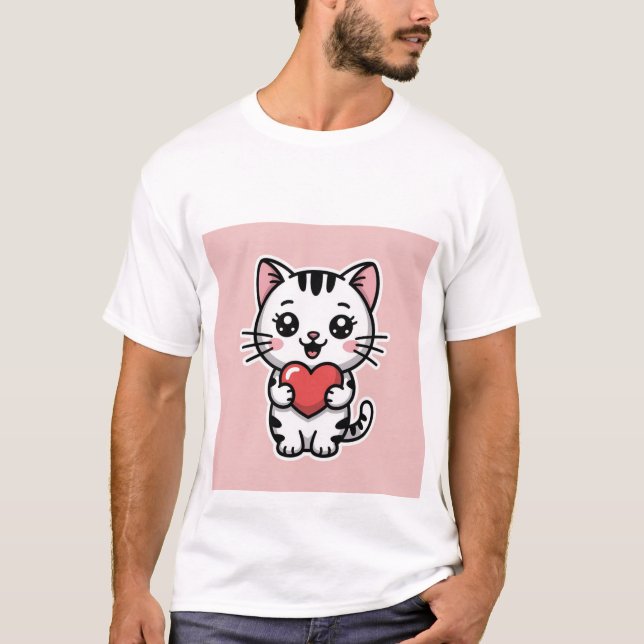 Cute Kawaii White Tabby Cat Holding Red Heart ✨❤️ T Shirt (Framsida)