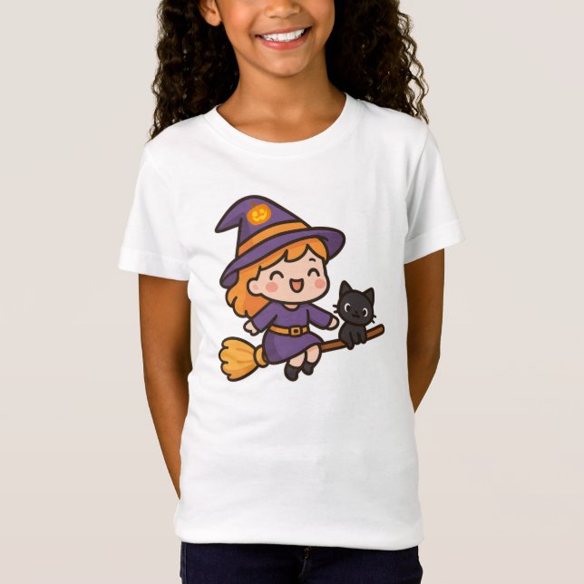 Cute Kawaii Witch och Cat Halloween Design Design T Shirt (Framsida)