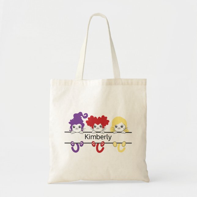 Cute Kawaii Witch Sisters Cats Name Monogram Tygkasse (Framsidan)