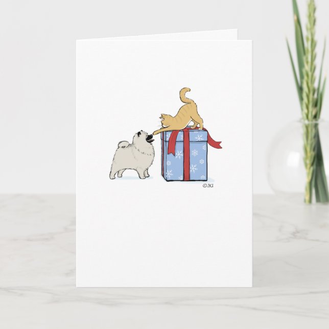 Cute Keeshond Puppy Hund och Kitten Jul Helgkort (Framsida)