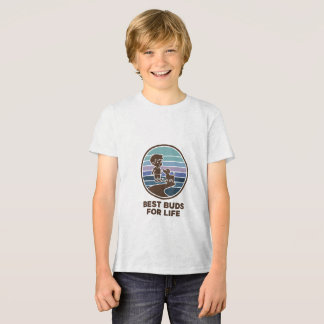 Cute kid and puppy on a road t shirt