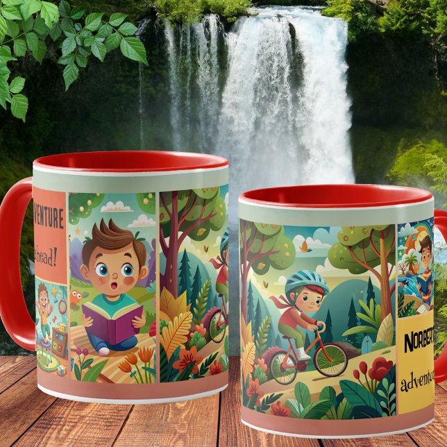 Cute Kid Anpassningsbar Illustrations Äventyr Mugg (Kids adventure mug featuring your custom illustrations on a colorful background)