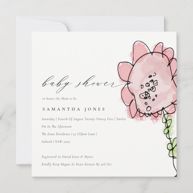 Cute Kid Drawn Rosa Flower Botanical Baby Shower Inbjudningar (Framsida)