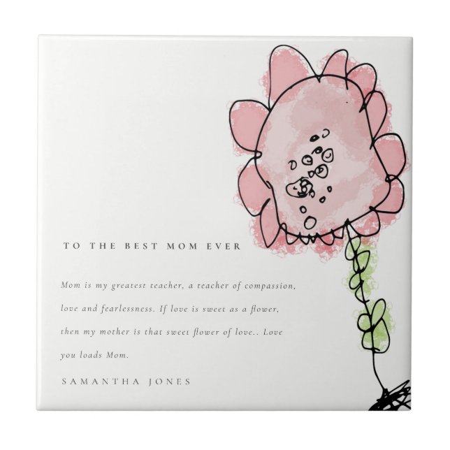 Cute Kid Drawn Rosa Flower Botanical Mors dag Kakelplatta (Framsidan)
