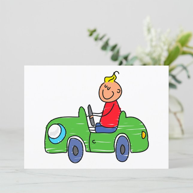 Cute Kid Driving Grönt Car Childrens Illustration Inbjudningar (Skapare uppladdad)