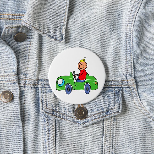 Cute Kid Driving Grönt Car Childrens Illustration Knapp (Skapare uppladdad)